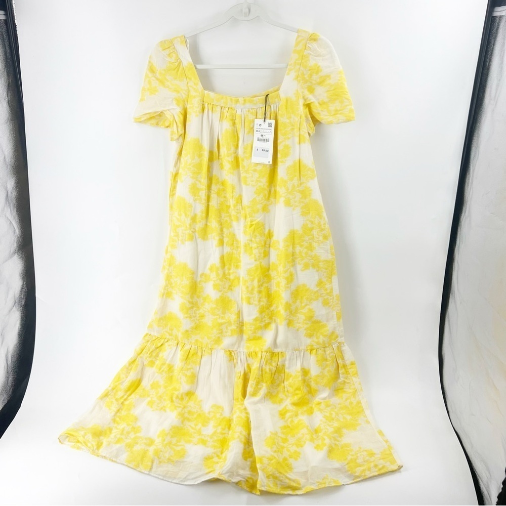 ✅‎ NWT ZARA HELLO SUMMER YELLOW AND WHITE FLORAL MAXI TIERED DRESS SHORT SLEEVE